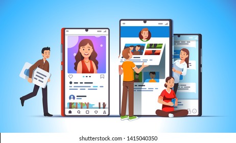 Young journalist people making posts, writing social network publications. Modern media influencer, poster & blogger man and woman using mobile phones app concept. Flat vector character illustration