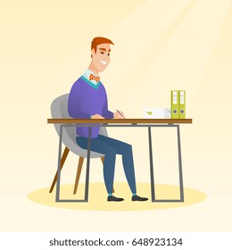 Young journalist sitting at the table and writing in a notebook with a pencil. Journalist writing notes with a pencil. Businessman working at the table. Vector flat design illustration. Square layout.