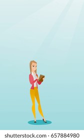 Young journalist writing in a notebook with a pencil. Smiling journalist writing notes with a pencil. Caucasian journalist writing notes in a notepad. Vector flat design illustration. Vertical layout.