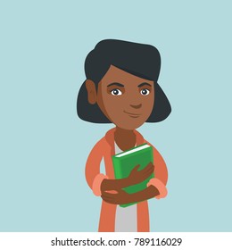 Young joyful african-american student hugging a book. Peaceful smiling student holding a book. Concept of education. Vector cartoon illustration. Square layout.