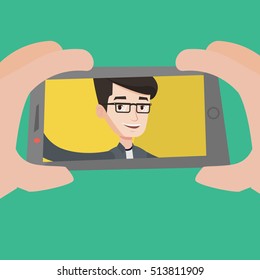 Young joyful caucasian man making selfie. Smiling man taking photo with cellphone. Young guy taking selfie. Man taking selfie using his smartphone. Vector flat design illustration. Square layout.