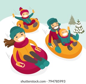 Young joyful caucasian white family sliding down the hill on tubes in the winter park. Cheerful laughing father and mother with kids enjoying a ride on inflatable sledges. Vector cartoon illustration.