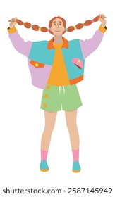  A young joyful girl in bright clothes stands and stretches out her red hair with her hands. Colored vector illustration in flat style on a white background.