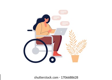 Young joyful girl in a wheelchair communicates via internet applications on a laptop. Communication and correspondence through social networks of people with reduced mobility. Vector illustration.