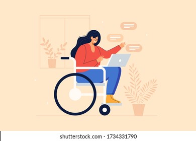 Young joyful girl in a wheelchair communicates via internet applications on a laptop. Communication and correspondence through social networks of people with reduced mobility. Vector illustration.