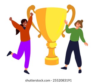 Young joyful girls with champion cup isolated on white background. Happy positive people celebrating victory and rejoicing together. Successful teamwork. Flat vector illustration.