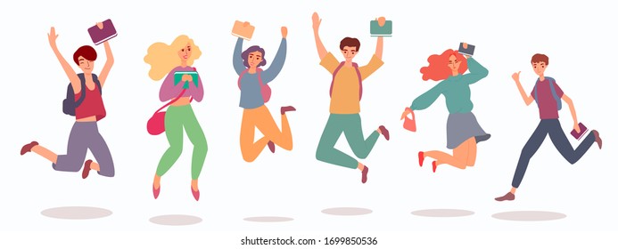 Young joyful people cartoon characters jumping flat vector illustration isolated.