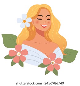 Young joyful woman with lush blonde hair and big flowers isolated on white background. Self-care, self-love, self-support. Web design. Illustration, vector
