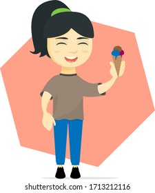 Young joyful woman standing with a big smile and holding ice cream cone illustration