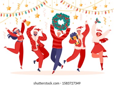 Young jumping and dancing people dressed in Santa Claus costumes and hats. New Year party celebration.  Positive and laughing men and women rejoicing together with New Year decoration in their hands.