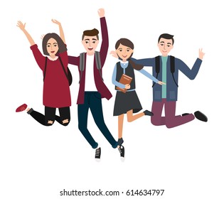 Young Jumping student group. Vector illustration of a flat design. stylish girls and boys. Hipster students. Trendy youth. Friends