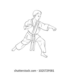 young karate boy, hand drawn vector illustration