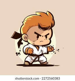 Young karate boy. Vector graphics. Illustration for a child. Smiling, cheerful little karate boy.