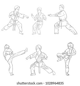 young karate boys, hand drawn vector illustration