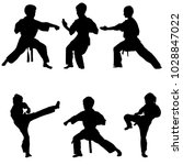 young karate boys silhouettes, hand drawn vector illustration