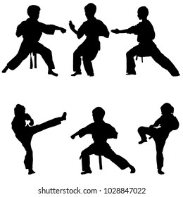 young karate boys silhouettes, hand drawn vector illustration