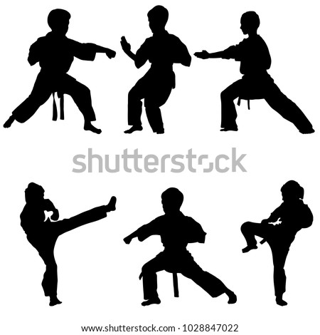 young karate boys silhouettes, hand drawn vector illustration