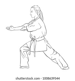 young karate girl, hand drawn vector illustration