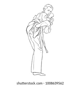 young karate girl, hand drawn vector illustration
