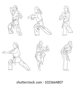 young karate girl, hand drawn vector illustration