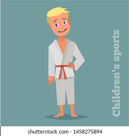 Young karate kid . Vector illustration in flat style.