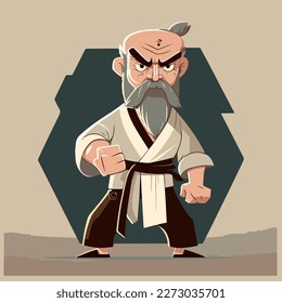 Joven karate. Profesor de Karate Sensei. Gráficos vectoriales. Ilustración para un niño. Hombre sonriente y alegre de karate.