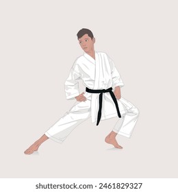 Young karateka in a kimono and a black belt warms up before a competition. Sport courage concept. Vector illustration design