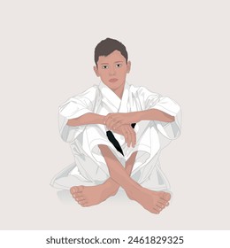 Young karateka sitting cross-legged on the floor. Sport courage concept. Vector illustration design