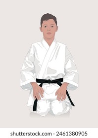 Young karateka sitting on the floor on his knees preparing to meditate. Sport courage concept. Vector illustration design