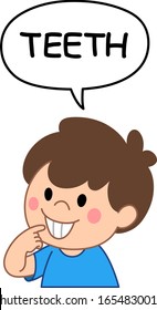 Young kid boy pointing to and saying teeth in a speech bubble. Illustration from naming face and body parts serious.