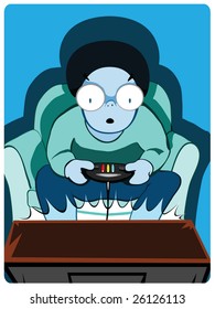 young kid is cared by his new computer game