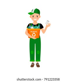 Young kid learning recycle trash vector illustration on white backdrop