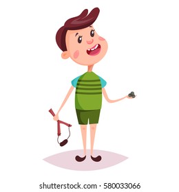 Young kid or little child, schoolboy or boy playing with slingshot or sling, catapult with shells, knife-rest. Standing cartoon schoolkid or smiling youngster. People, childhood, posing chidren theme