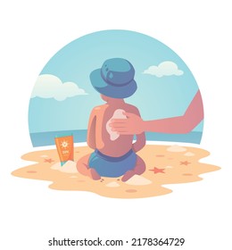 Young kid on the beach protected by sunscreen. Protect your kid from UV with sunscreen	