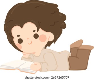 young kid read a book. cute student in classroom , back to school learning activity. sitting on floor. working for homework. school child posture. 