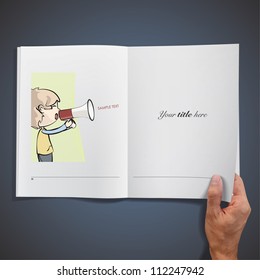 Young kid shouting with megaphone inside a book. Vector design.