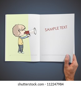 Young kid shouting with megaphone. Realistic illustration of a magazine.