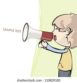Young kid shouting with megaphone. Vector illustration.
