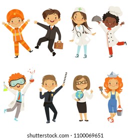 Young kids boys and girls of different professions. Policeman and painter, chemist male kid. Vector illustration