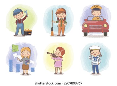 Young Kids Boys And Girls Of Different Professions Set. Smiling Little Boys And Girls In Uniform With Professional Equipment. Locksmith, Janitor, Cabdriver, Accountant, Musician And Sailor. 