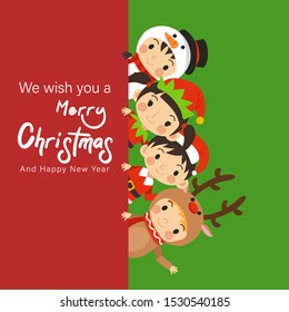 Young Kids In Christmas Costume - Snowman,Elf,Santa,Reindeer Hiding Behind Merry Christmas And Happy New Year Sign.