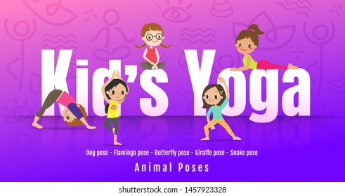 Young kids in different yoga poses, Children doing yoga with animal posture. Vector cartoon illustration.