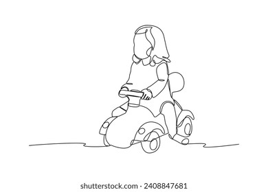 Young kids driving a toy car. Children game concept. Vector continuous line.