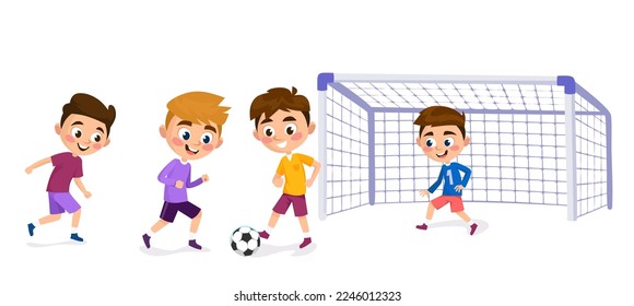 Niños pequeños jugando al fútbol, aislados de fondo blanco. Un equipo de jugadores uniformados corriendo y pateando una pelota. Niños felices en la práctica del fútbol. Ilustración vectorial de estilo de dibujos animados.