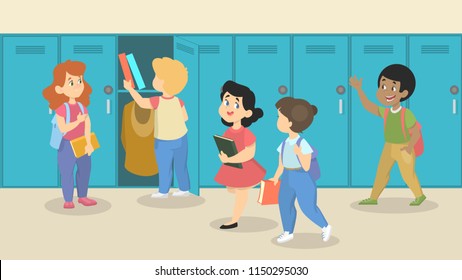 Young kids in school hall in front of the lockers. Students with bags and books going to the class and talk to each other. Education and knowledge. Vector illustration in cartoon style.