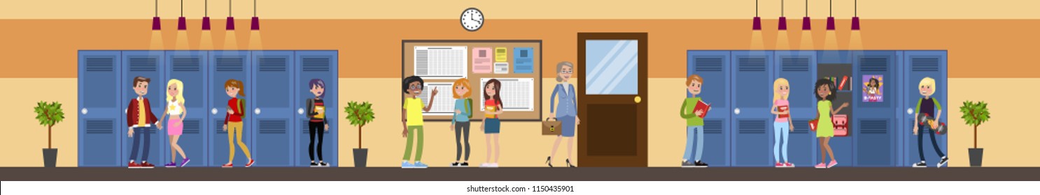 Young Kids In School Hall In Front Of The Lockers. Students With Bags And Books Going To The Class And Talk To Each Other. Education And Knowledge. Vector Illustration In Cartoon Style.