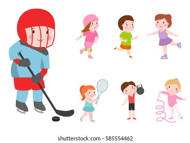 Young kids sportsmens future roller skates gymnastics isolated on white and children young winners after sport school team players vector illustration.