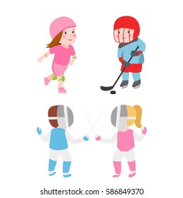 Young kids sportsmens future roller skates gymnastics isolated on white and children young winners after sport school team players vector illustration.