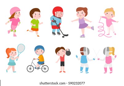 Young kids sportsmens future roller skates gymnastics isolated on white and children young winners after sport school team players vector illustration.