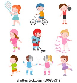 Young kids sportsmens future roller skates gymnastics isolated on white and children young winners after sport school team players vector illustration.